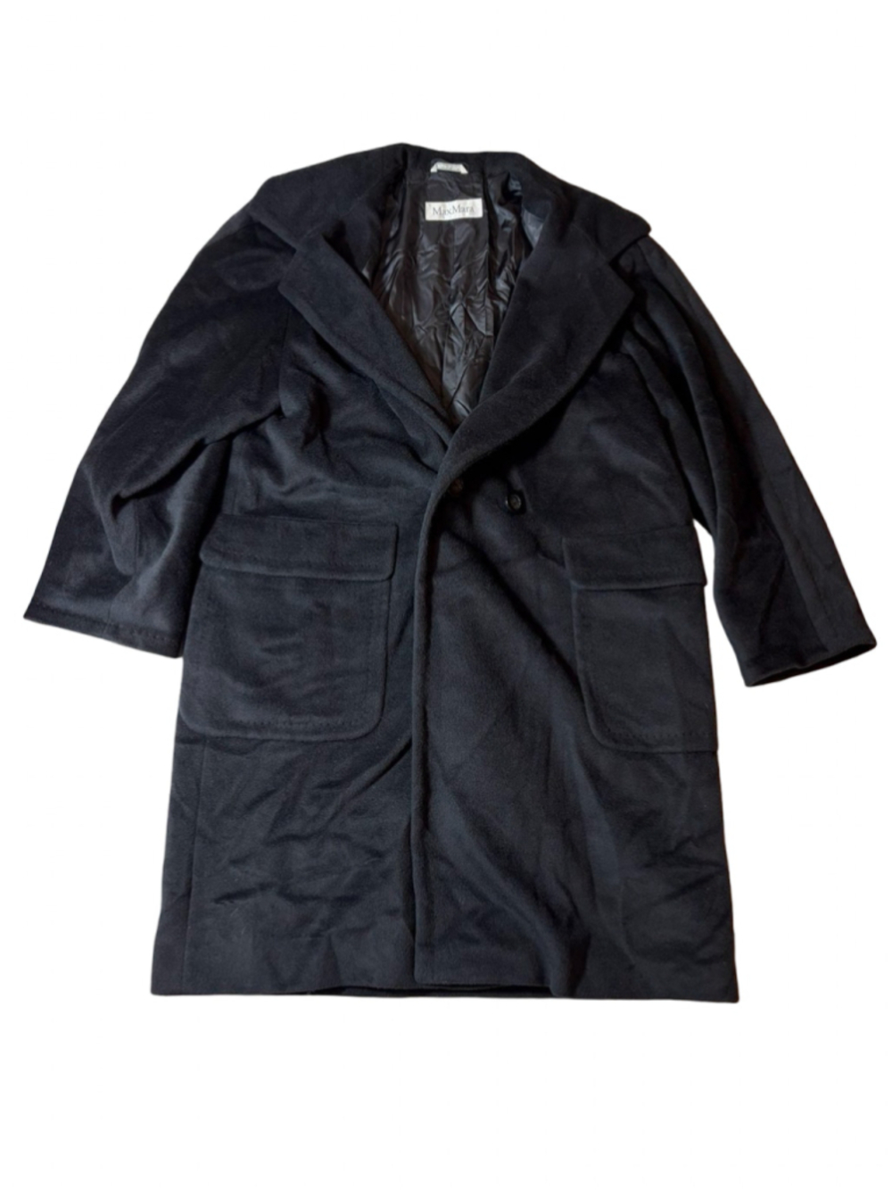 Max Mara Black Wool Cashmere Long Coat Womens 10 Italian Oversized Lapel Classic